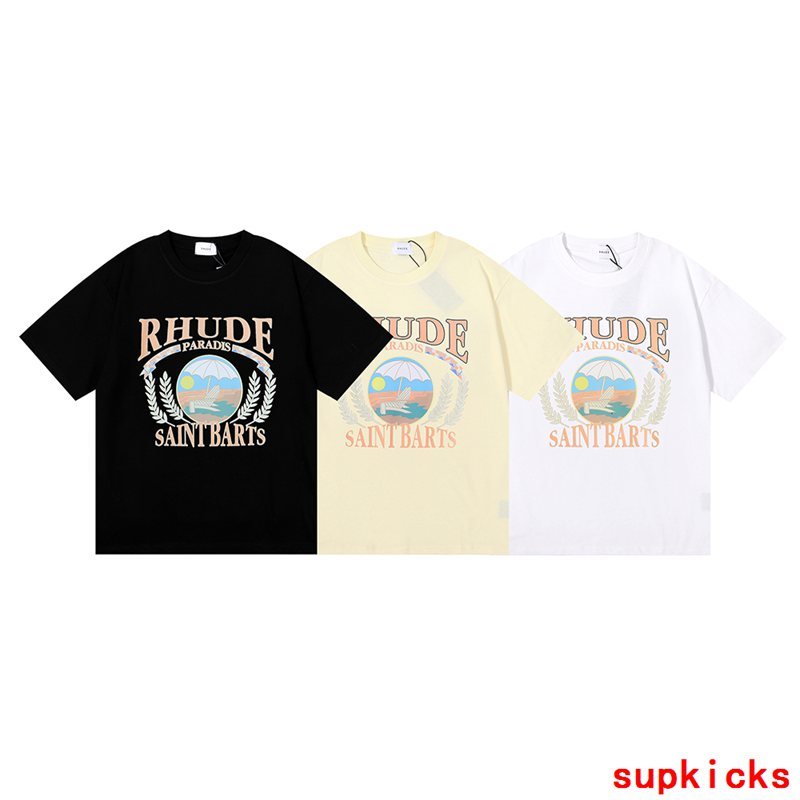 Front view of Rhude luxury clothing with label-forward styling