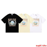 Front view of Rhude luxury clothing with label-forward styling