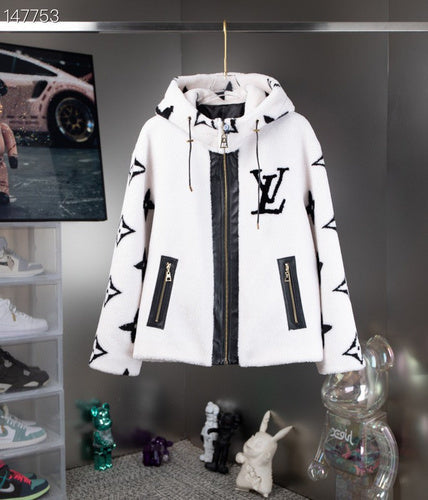 Front view of Louis Vuitton luxury clothing with signature branding