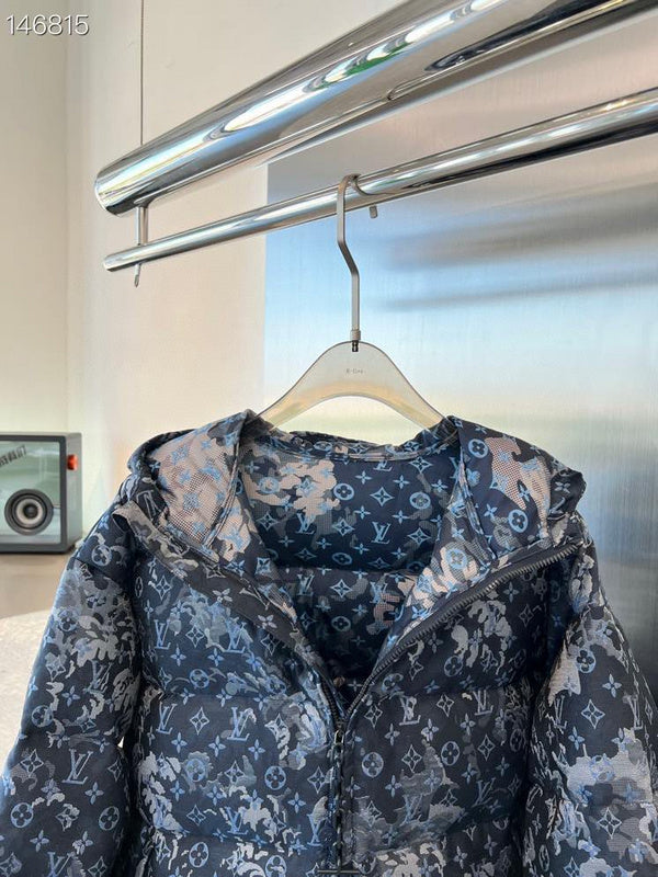 Back view of Louis Vuitton luxury clothing with signature branding