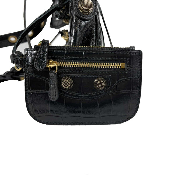 Balenciaga - XS Shoulder Bag Crocodile Embossed Black Studded Shoulder Bag NEW — Designer Shoulder Bag