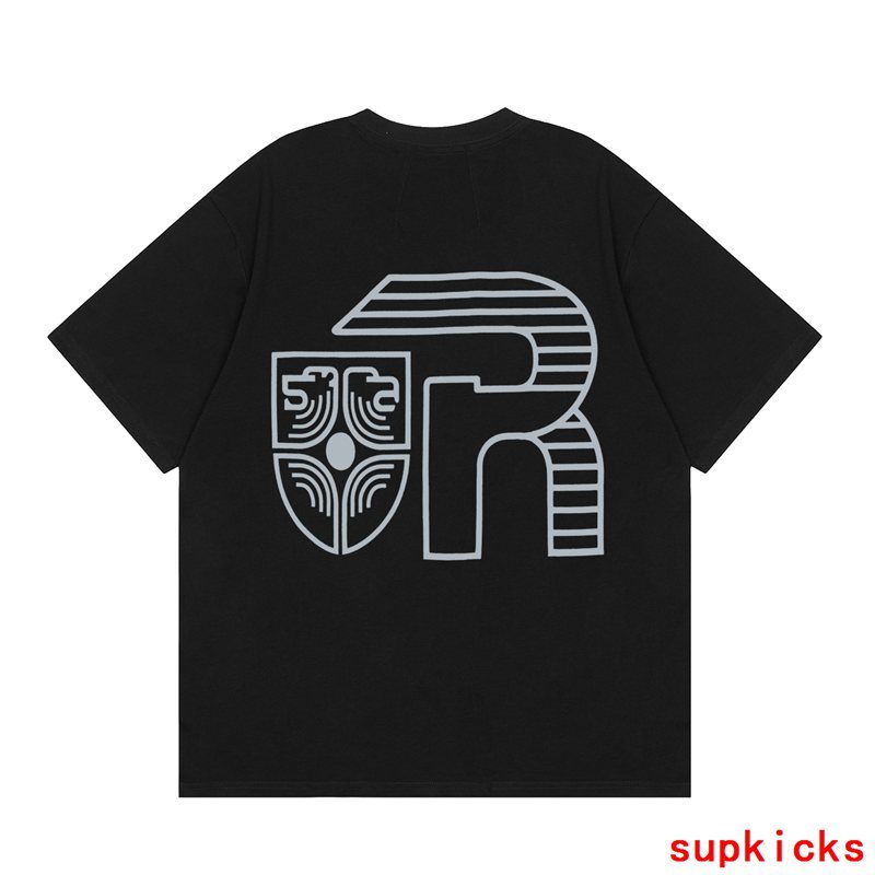 Close-up detail shot of Rhude luxury clothing with logo-detail design