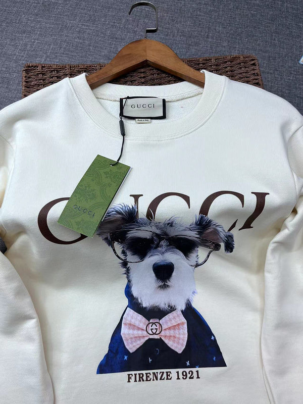 Full styled look of Gucci luxury clothing with signature branding