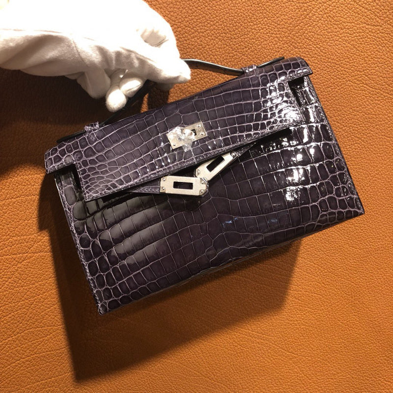 Side view of polished structured handbag