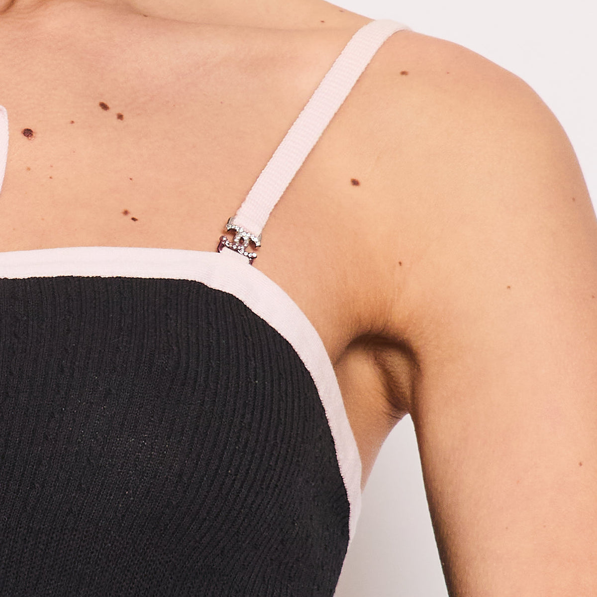 Chanel Tops? Chanel Black Tank Top with Pink Crystal Logo Straps and Bow Detail Elegant Everyday Designer Top