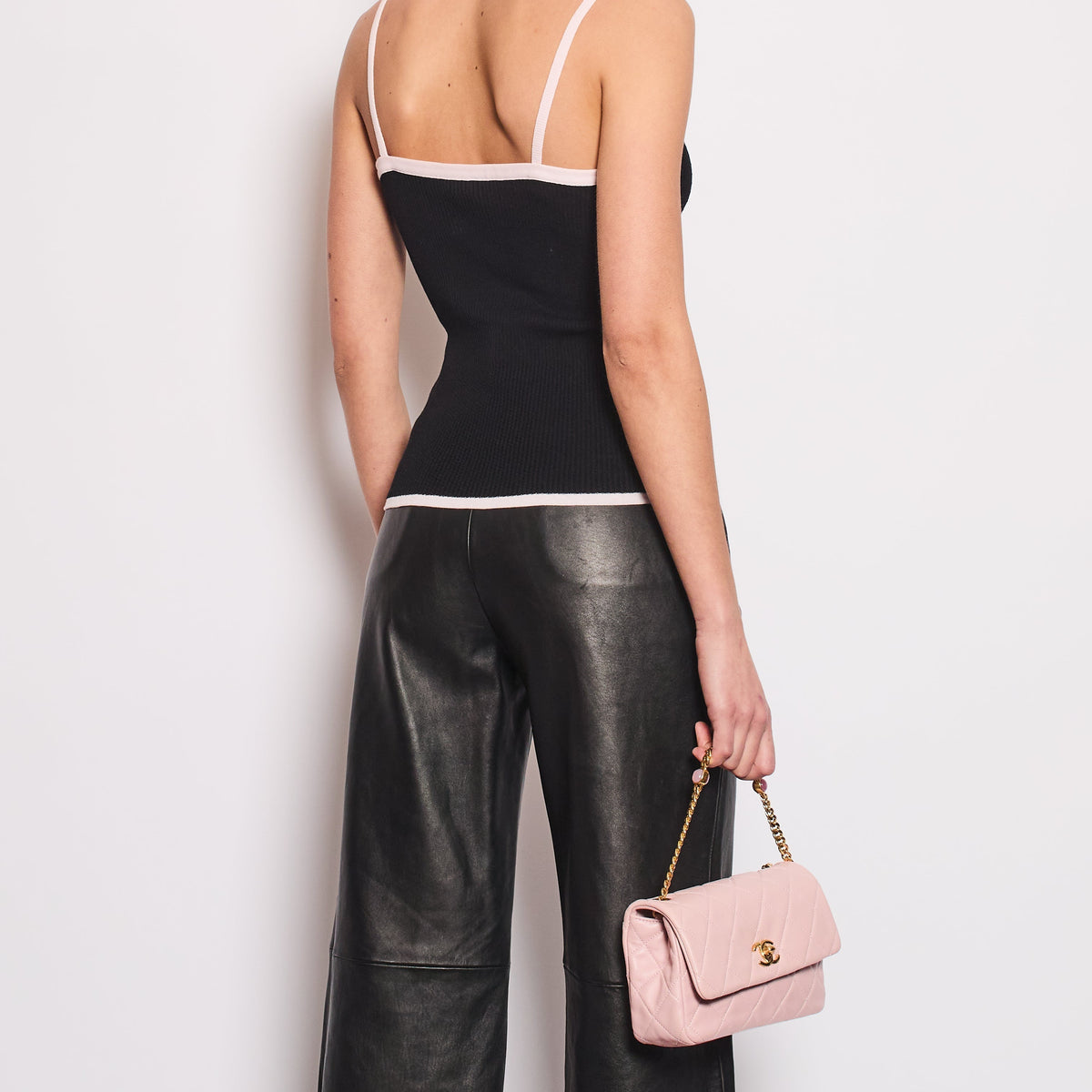 Chanel Tops? Chanel Black Tank Top with Pink Crystal Logo Straps and Bow Detail Elegant Everyday Designer Top