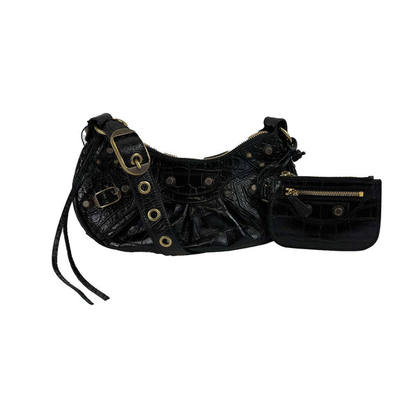 Balenciaga - XS Shoulder Bag Crocodile Embossed Black Studded Shoulder Bag NEW — Designer Shoulder Bag