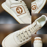 Side profile of Gucci two-tone sneakers signature lace-up style