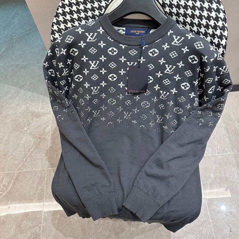 Front view of Louis Vuitton luxury clothing with label-forward styling