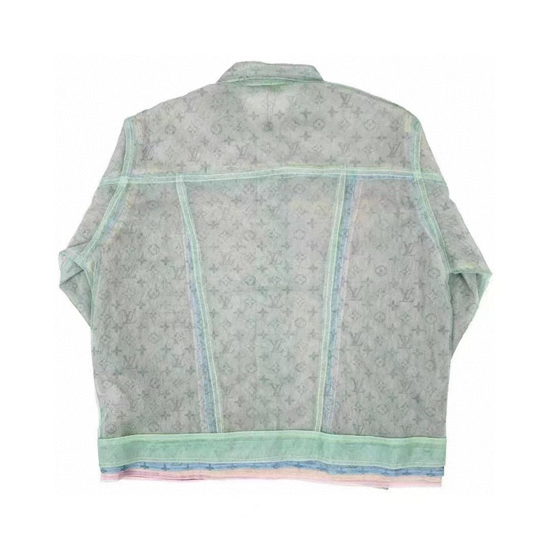 Flat lay presentation of Louis Vuitton luxury clothing with signature branding