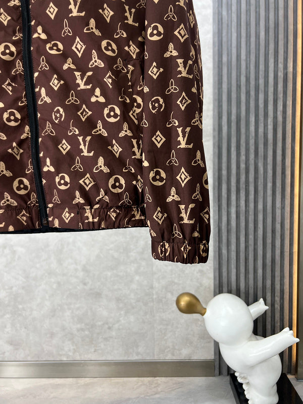Close-up detail shot of Louis Vuitton luxury clothing with label-forward styling