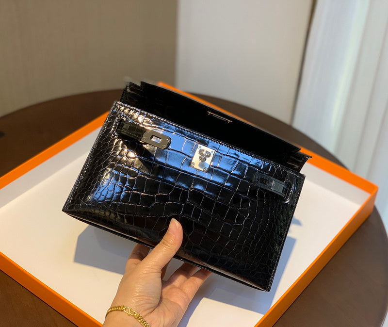 Side view of clean-lined structured handbag