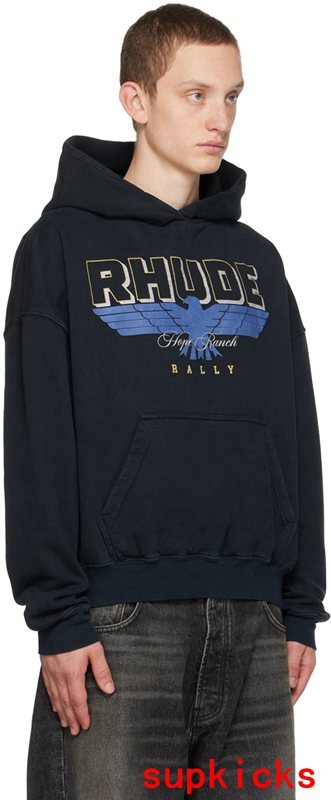 Side profile of Rhude luxury clothing with signature branding