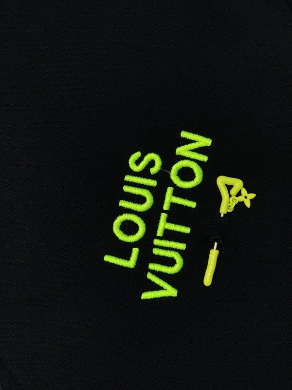 Close-up detail shot of Louis Vuitton luxury clothing with streetwear-inspired cut