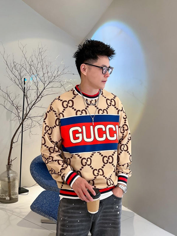Front view of Gucci luxury clothing with logo-detail design