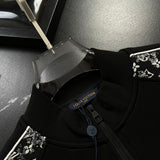 Close-up detail shot of Louis Vuitton luxury clothing with label-forward styling