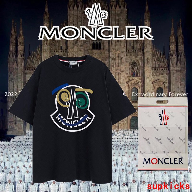 Front view of Moncler luxury clothing with monogram-inspired silhouette