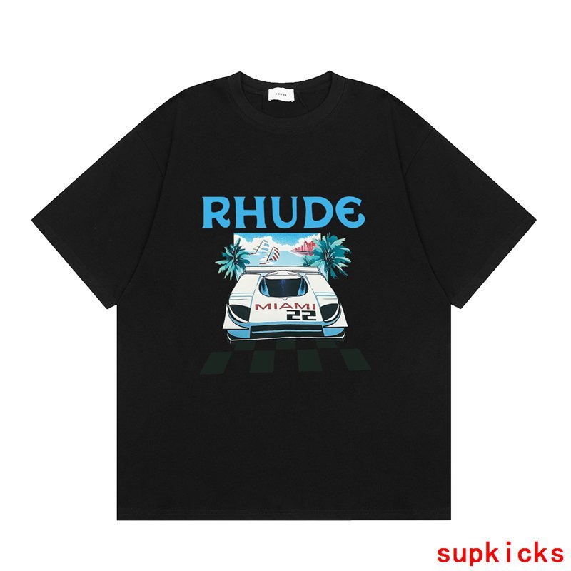 Side profile of Rhude luxury clothing with monogram-inspired silhouette
