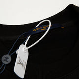 Flat lay presentation of Louis Vuitton luxury clothing with signature branding