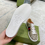 Side profile of Gucci neutral cream sneakers sleek tonal finish