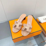 Hermès Camel Slide Sandals - Angled View