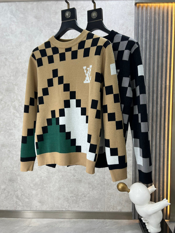 Close-up detail shot of Louis Vuitton luxury clothing with logo-detail design