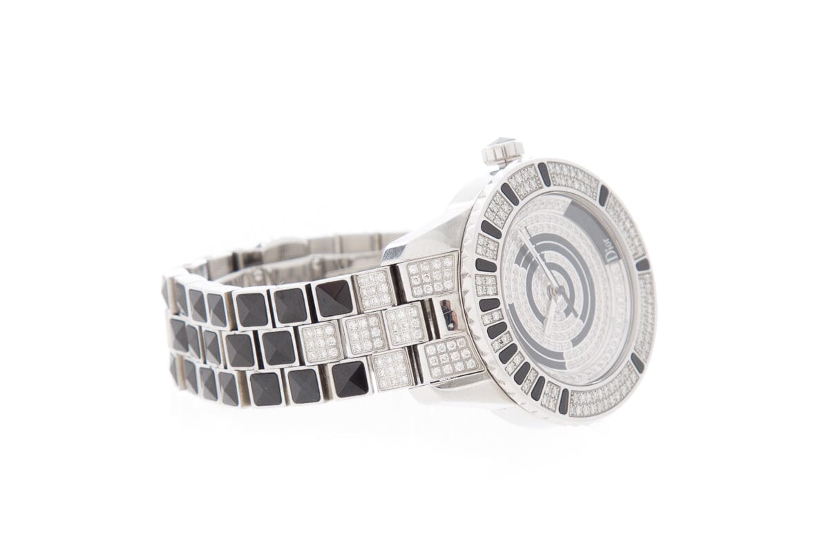 Close-up detail view of Dior women's black watch
