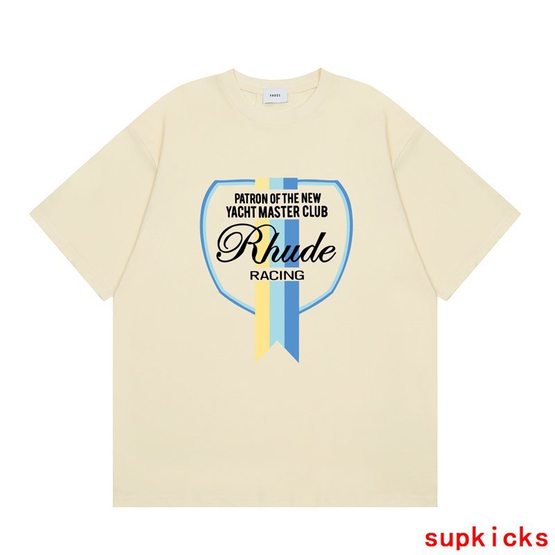 Side profile of Rhude luxury clothing with signature branding