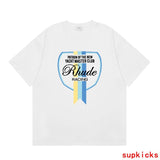 Front view of Rhude luxury clothing with signature branding