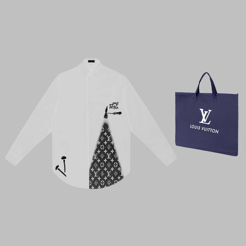 Front view of Louis Vuitton luxury clothing with monogram-inspired silhouette