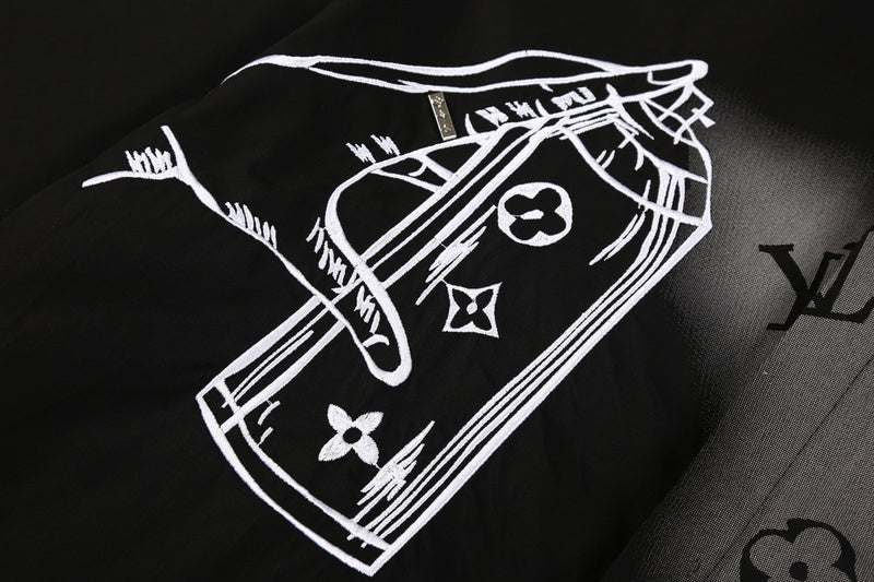 Side profile of Louis Vuitton luxury clothing with monogram-inspired silhouette