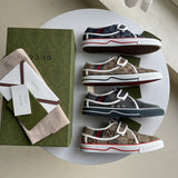Side profile of Gucci soft grey sneakers classic court silhouette