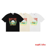 Back view of Rhude luxury clothing with signature branding