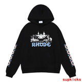Back view of Rhude luxury clothing with signature branding