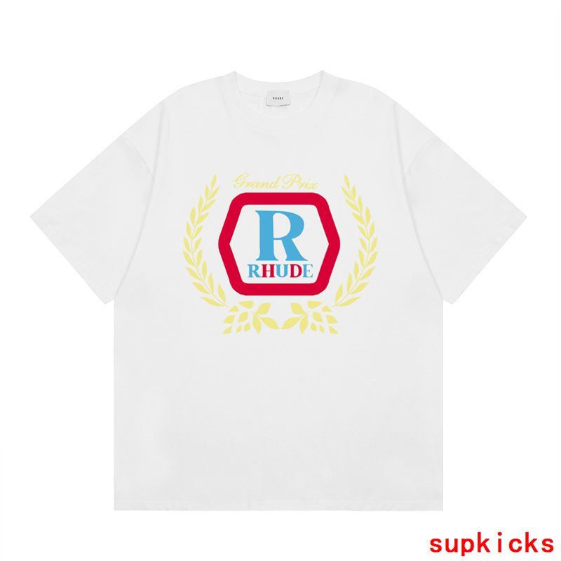Back view of Rhude luxury clothing with signature branding