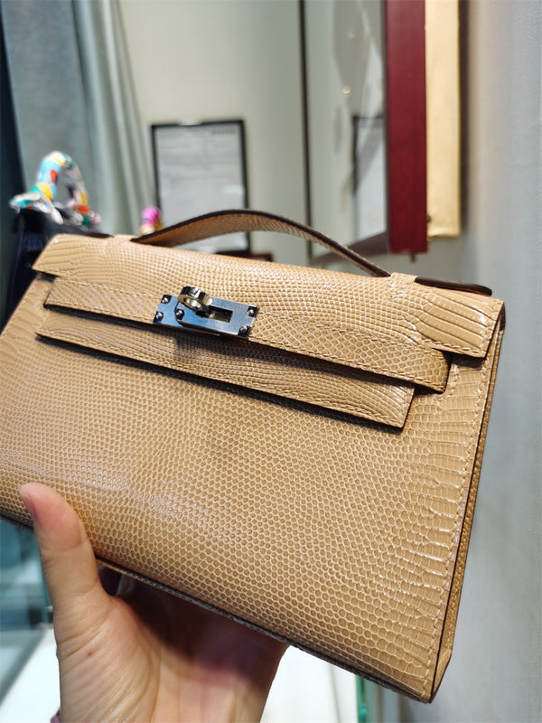Side view of modern structured handbag