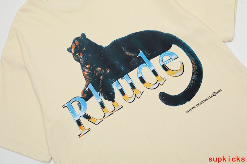 Close-up detail shot of Rhude luxury clothing with logo-detail design