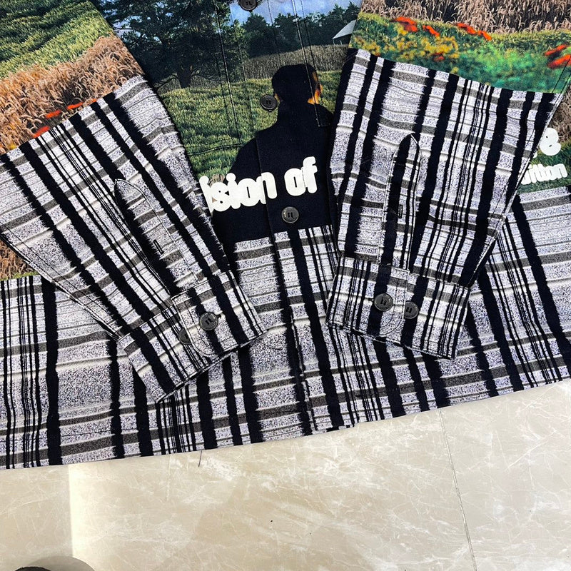 Flat lay presentation of Louis Vuitton luxury clothing with signature branding