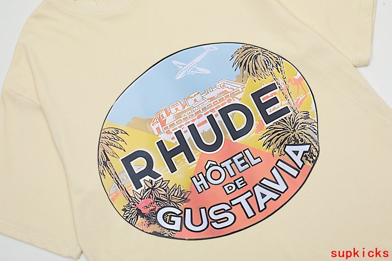 Side profile of Rhude luxury clothing with signature branding