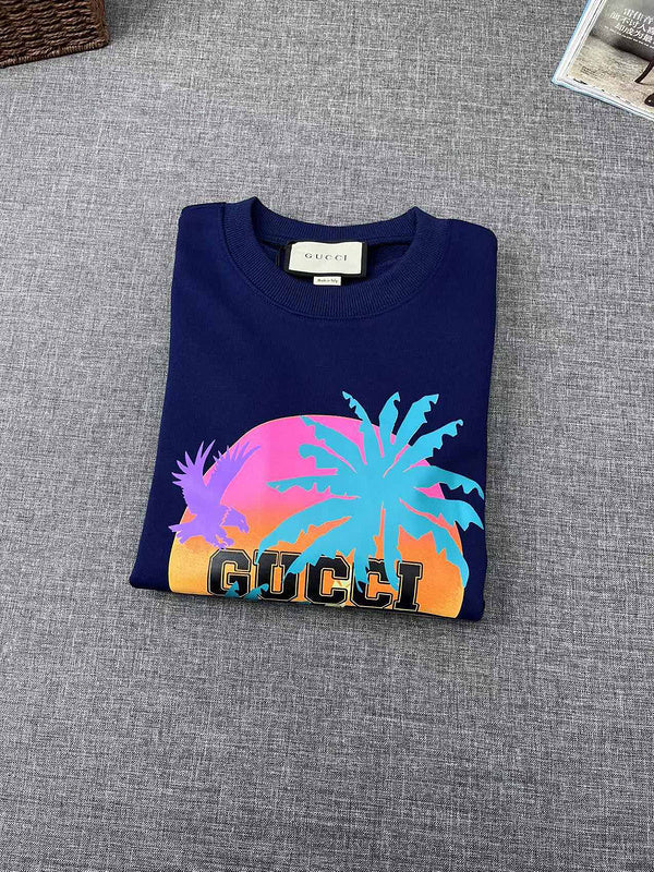 Side profile of Gucci luxury clothing with signature branding