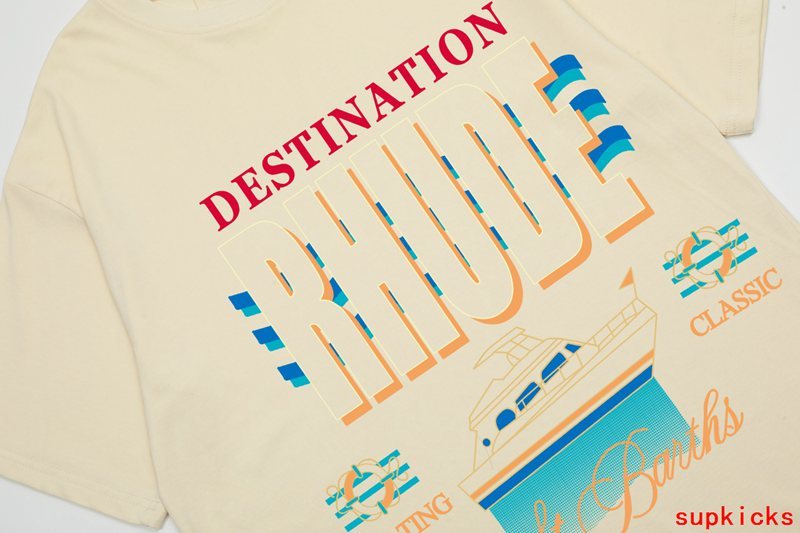 Close-up detail shot of Rhude luxury clothing with relaxed-fit cut