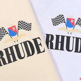 Front view of Rhude luxury clothing with everyday silhouette