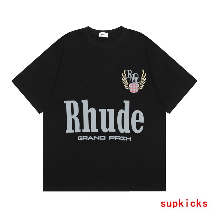 Side profile of Rhude luxury clothing with signature branding