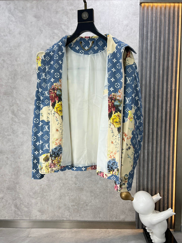 Close-up detail shot of Louis Vuitton luxury clothing with label-forward styling