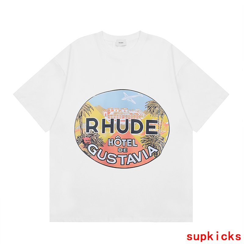 Back view of Rhude luxury clothing with signature branding