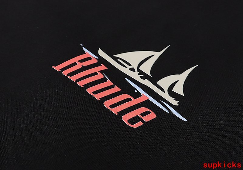 Close-up detail shot of Rhude luxury clothing with everyday silhouette