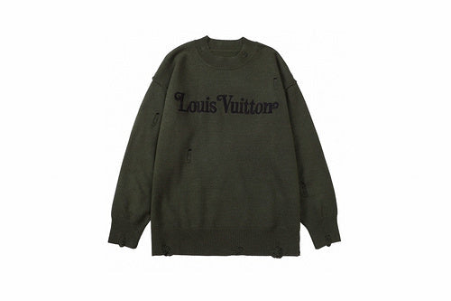 Front view of Louis Vuitton luxury clothing with label-forward styling