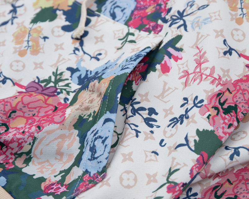 Close-up detail shot of Louis Vuitton luxury clothing with runway-inspired design