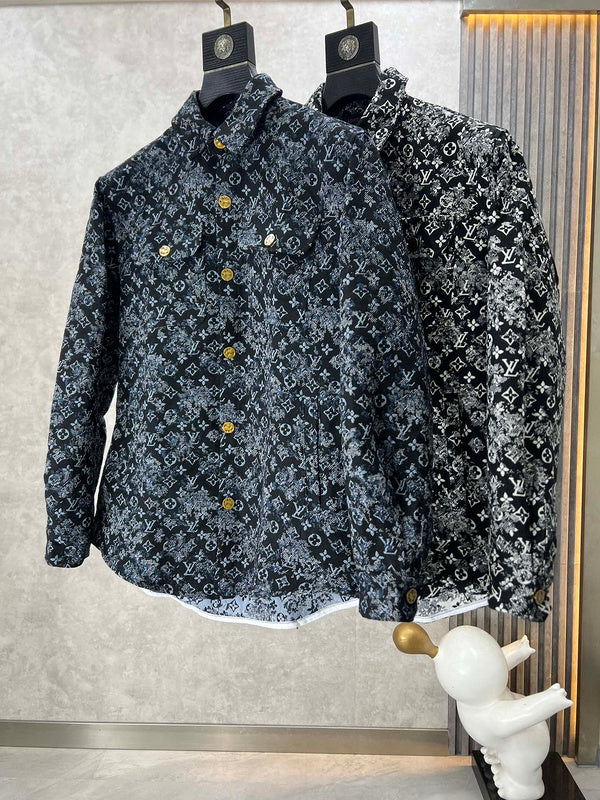 Close-up detail shot of Louis Vuitton luxury clothing with label-forward styling