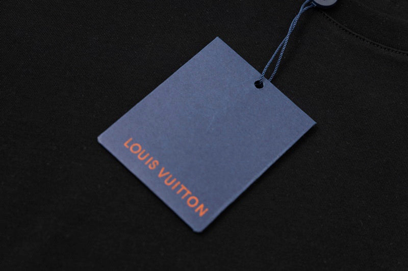 Close-up detail shot of Louis Vuitton cotton t-shirt with logo-detail design